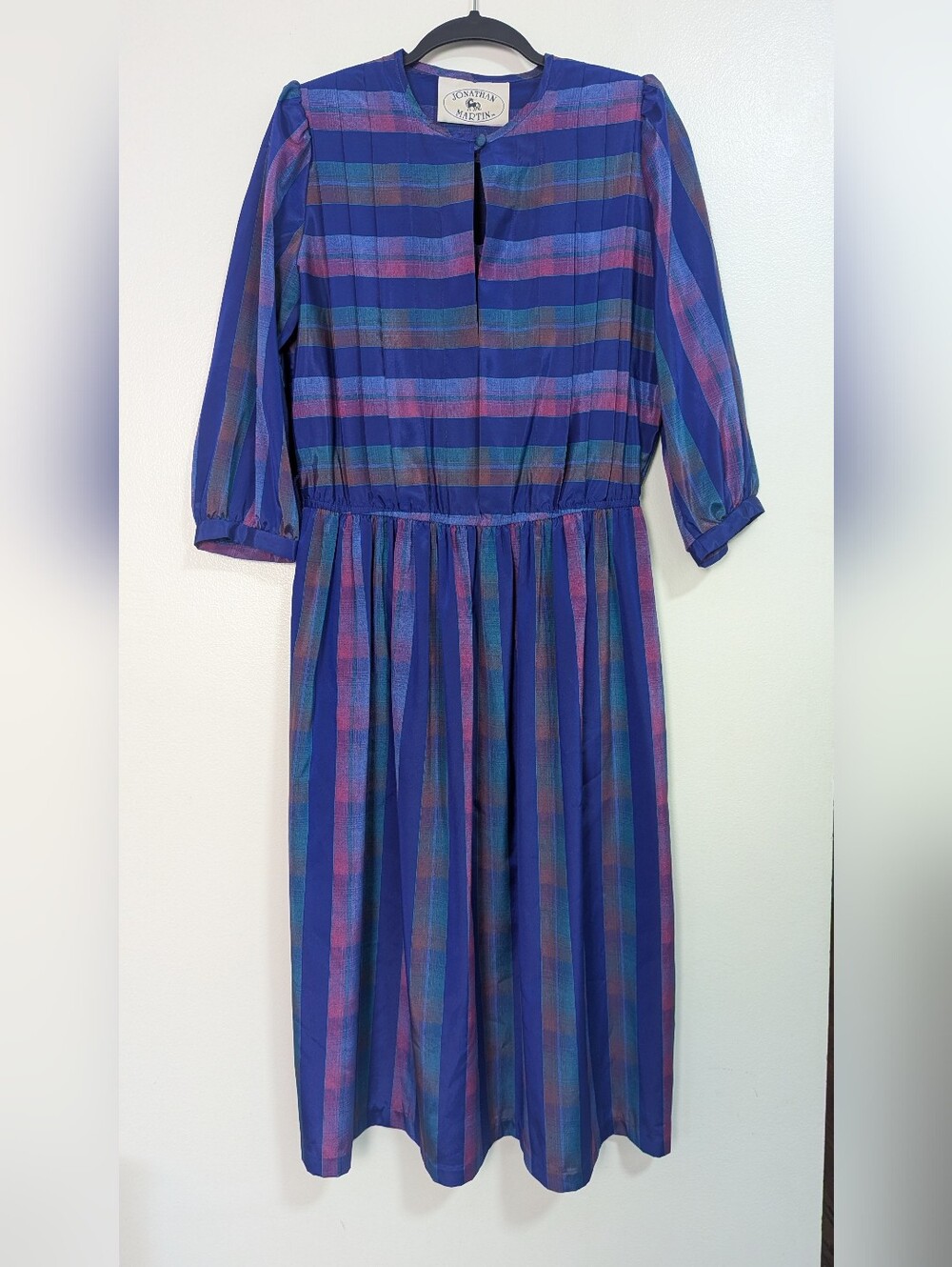 Vintage 80s Jonathan Martin Blue Jewel Tone Plaid Stripe Pleated Midi Dress 9/10